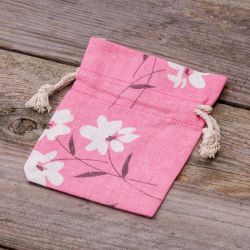 Poser à la linned med trykt 10 x 13 cm - lyserøde blomster Linen Poser