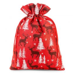 Jutesæk med tryk 26 x 35 cm - rød / rensdyr Juleposer