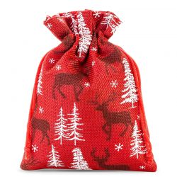 Jutesække med tryk 22 x 30 cm - rød / rensdyr Juleposer