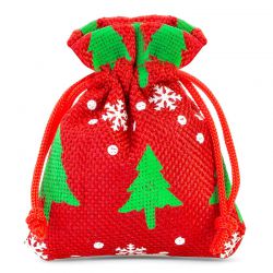 Juteposer med tryk 8 x 10 cm - rød / juletræ Juleposer