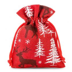 Juteposer med tryk 10 x 13 cm - rød / rensdyr Juleposer