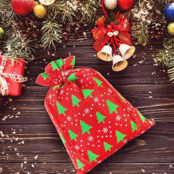 Juteposer med tryk 8 x 10 cm - rød / juletræ Poser til særlige lejligheder