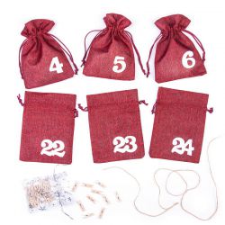 Adventskalender juteposer 13 x 18 cm - maroon + hvide tal Juleposer