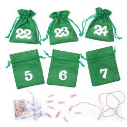 Adventskalender juteposer 12 x 15 - grøn + hvide tal Juleposer