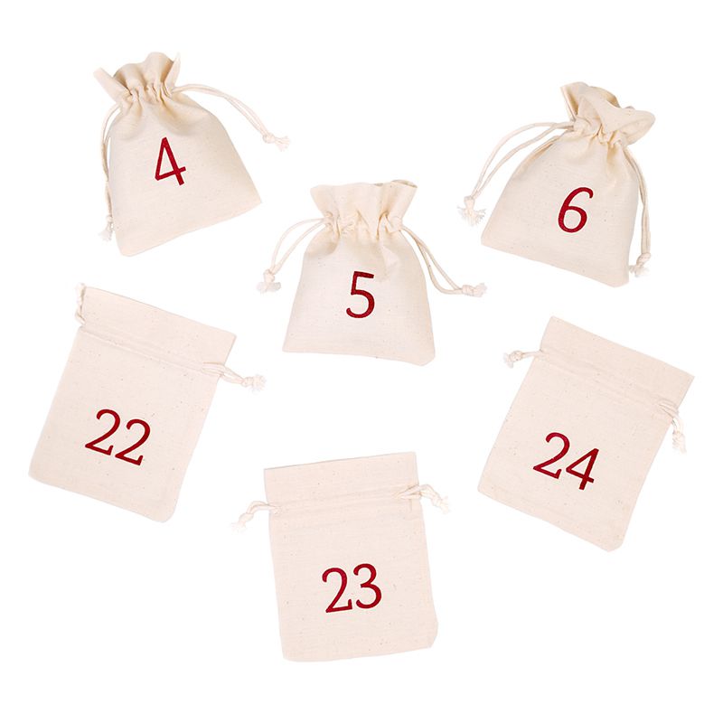 Adventskalender, 24 stk. Bomuldsposer med tal 10 x 13 cm - natur