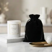 Vela blanca minimalista junto a una bolsa de terciopelo negro sobre mármol.