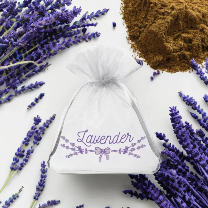 Organzaposer 10 x 13 cm - hvid trykt (lavendel) Lavendelposer