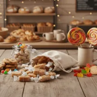 Linen poser med små gaver på træbord