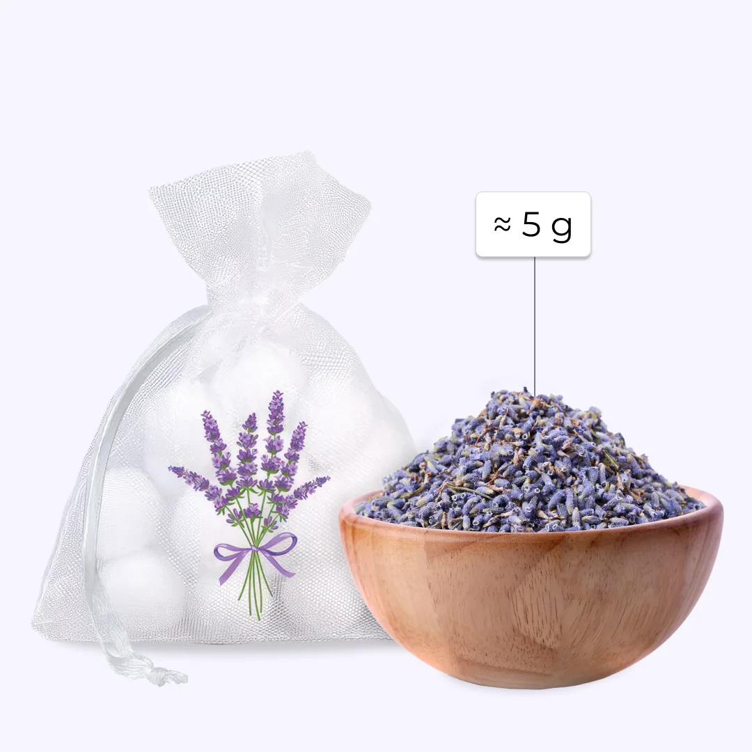 10 stk. Organzaposer 7 x 9 cm - hvid med lavendelprint 6 Pose 7 x 9 cm