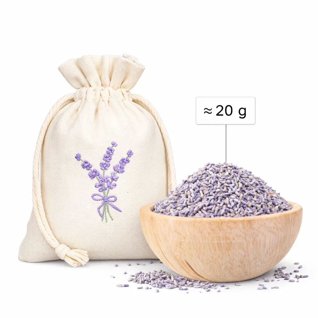 Lavendelposer i look-linned stof med broderet lavendelmotiv, eksempel på fyld ca. 20 g tørret lavendel.