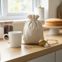 Linnedposer som gaveemballage på vindueskarm med kaffekop