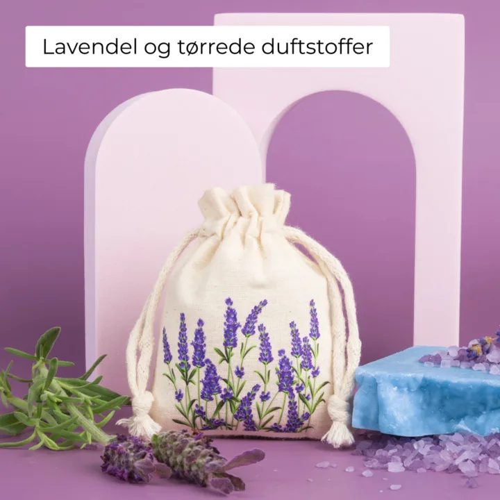 Bomuldspose med lavendelprint, perfekt til tørrede duftstoffer og aromatisk potpourri.