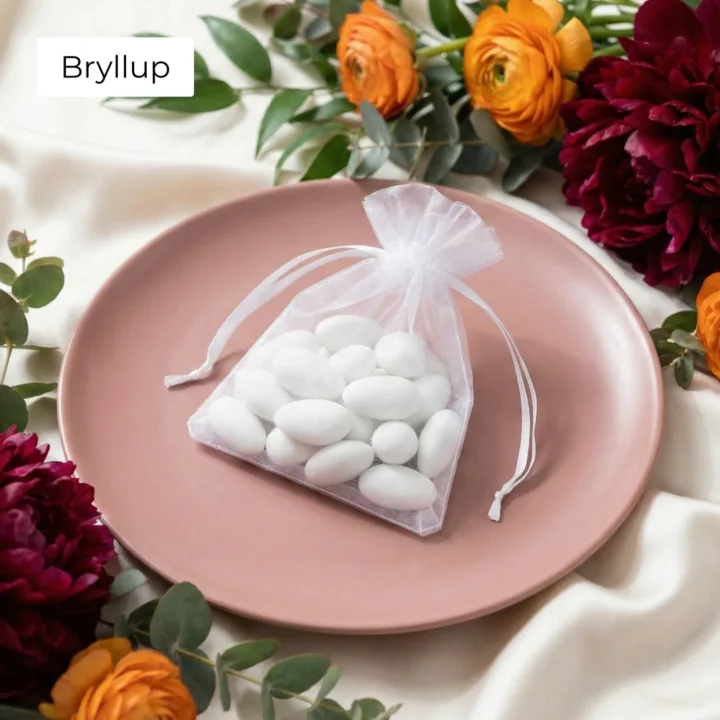 Hvid organzapose med mandler på en tallerken som takkegave til gæster.